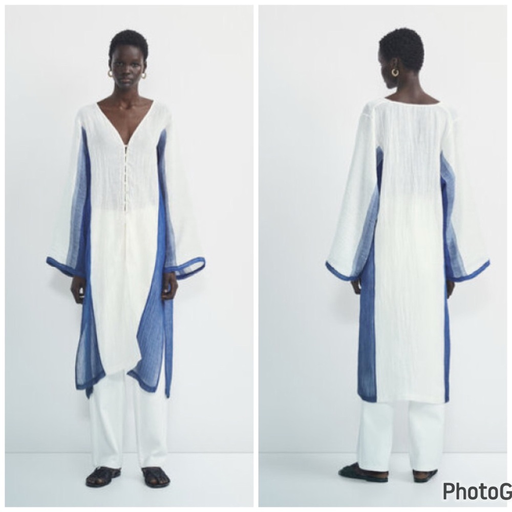 Massimo Dutti Linen Long Kaftan Top Beach Coverup White Blue Size XS/S